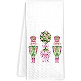 JOQUXI Pink Christmas Tree Nutcracker Kitchen Towels, Pink Chinoiserie Christmas Decorative Hand Tea Towels for Bathroom, Grandmillennial Xmas Dish Towel Dishcloth, 16x24 Inch