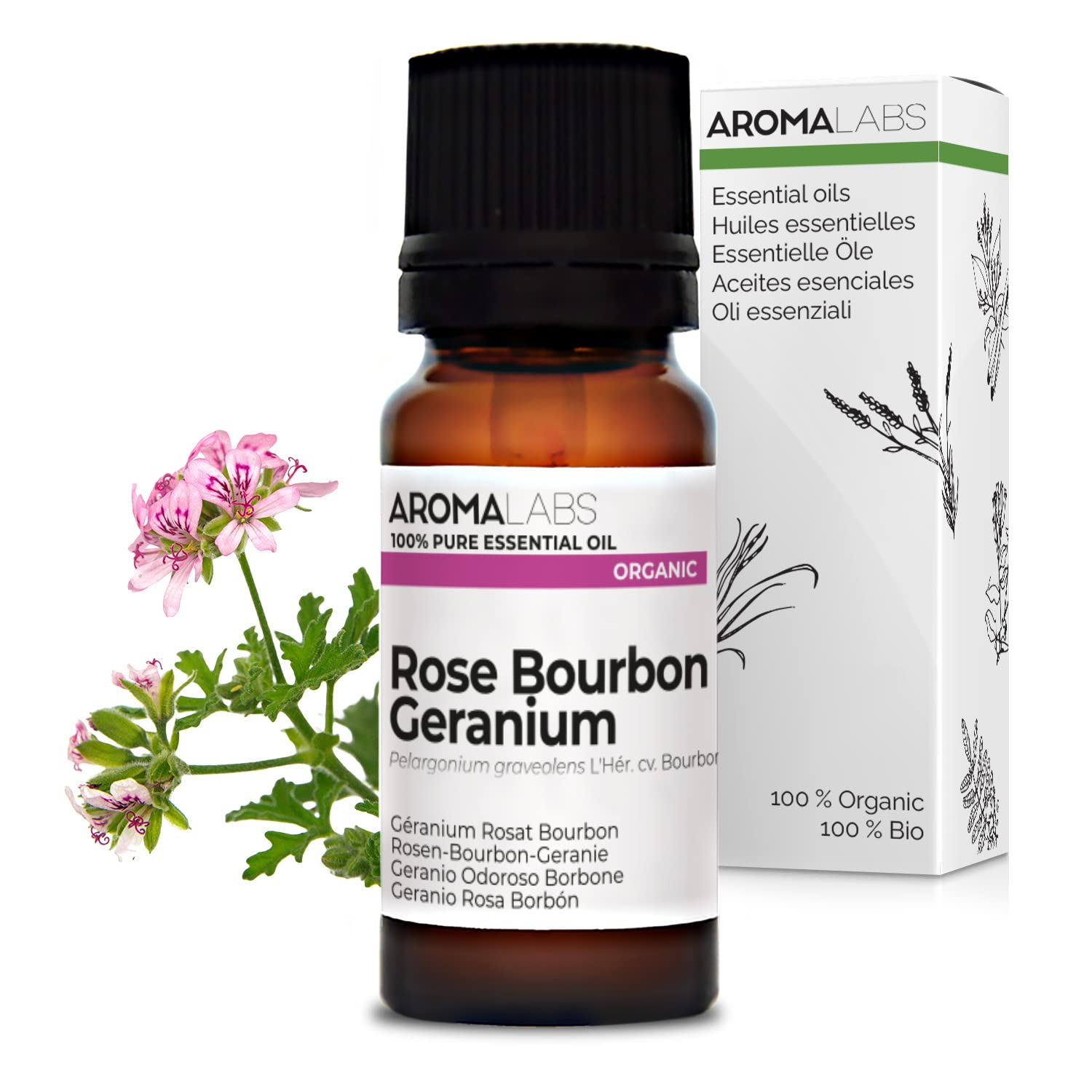 BIO - Rose Bourbon Geranium Essential Oil - 10mL - 100% Pure, Natural, Chemotyped and AB Certified - AROMA LABS (French Brand)
