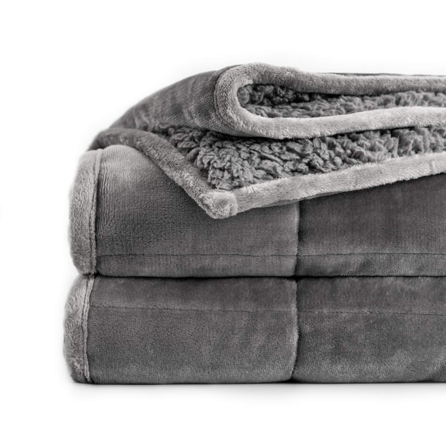 Wemore Sherpa Fleece Weighted Blanket for Adult, 15 lbs Dual Sided Cozy Fluffy Heavy Blanket, Ultra Fuzzy Throw Blanket with Soft Plush Flannel Top, 60 x 80 inches Queen Size, Grey on Both Sides