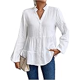 OYOANGLE Women's Textured Lantern Long Sleeve Babydoll Blouse Notched V Neck Button Front Peplum Top