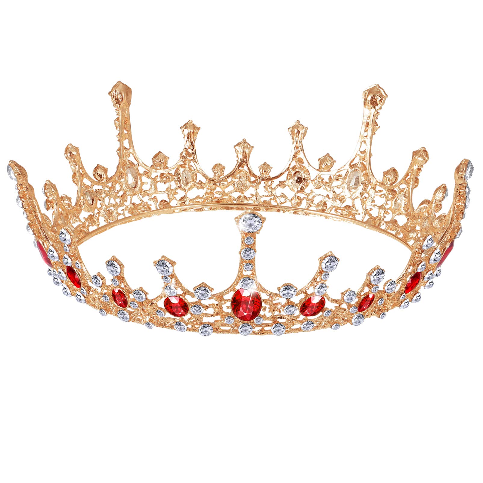 FRCOLOR Rhinestone Round Crown Baroque Queen Crown Princess Full Round Tiaras Wedding Bridal Headdress for Women Girls Costume Party Hair Accessories with Red Gemstones