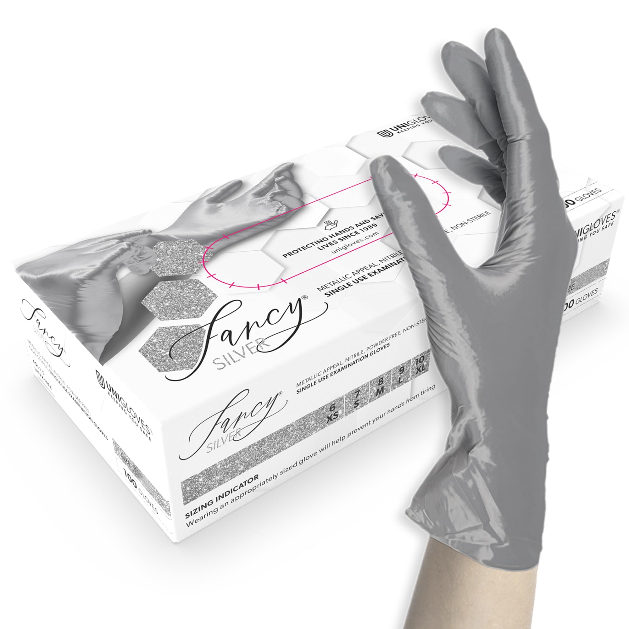 UNIGLOVES FANCY SILVER Nitrile Disposable Gloves, Multipurpose, Powder Free and Latex Free Disposable Gloves, Box of 100 Gloves, Silver, Size XL