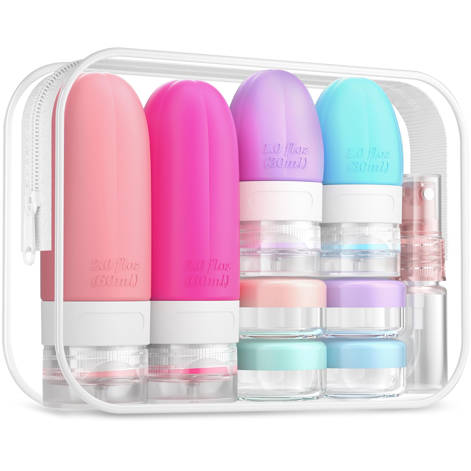 Gemice 16 Pack Travel Bottles Set, CAA Approved Leak Proof Silicone Squeezable Containers for Toiletries, Refillable Accessories 60ml 30ml for Conditioner, Shampoo, Lotion & Body Wash (BPA Free)