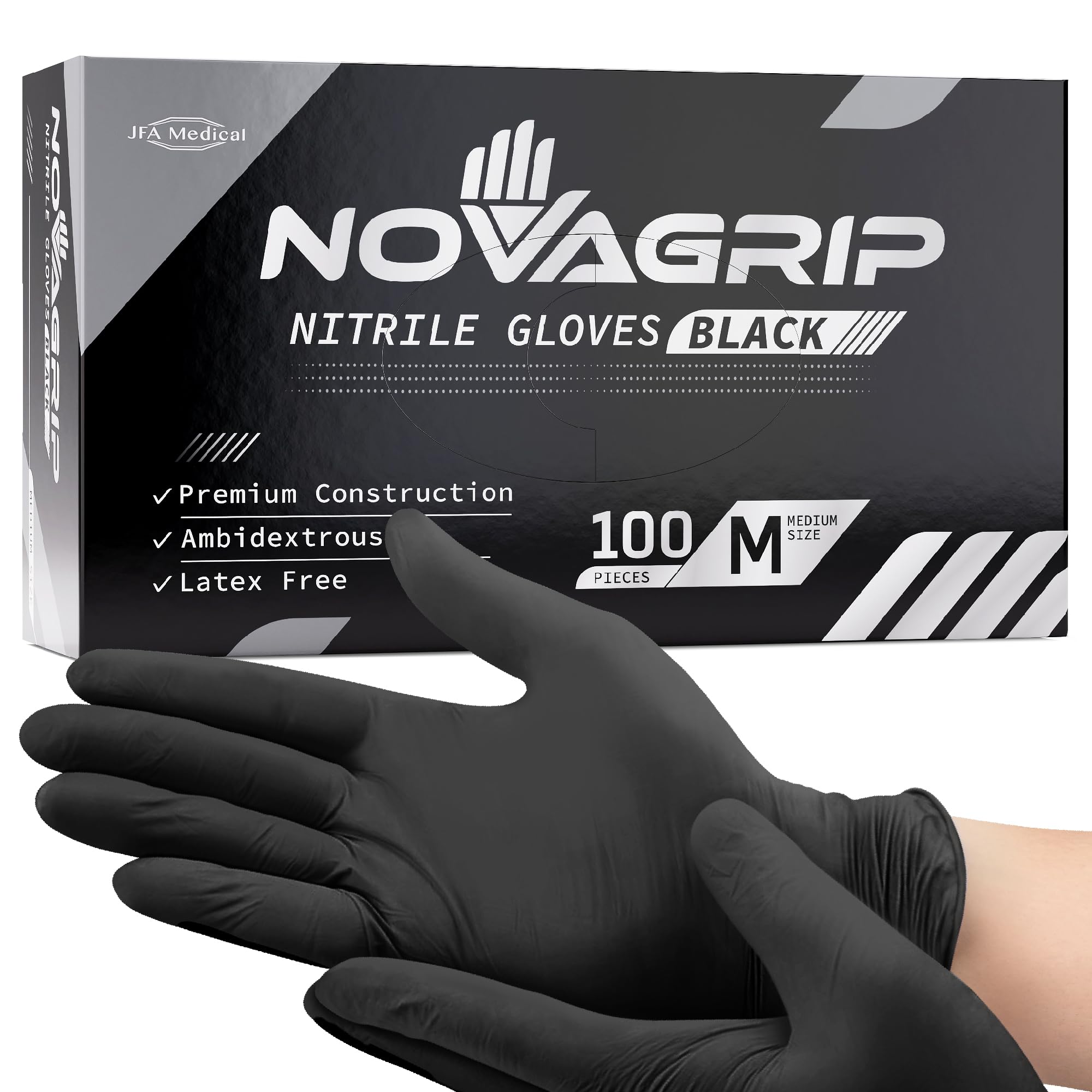 Novagrip JFA Medical Mechanic, Disposable Powder Free Latex Free Black Nitrile Gloves - Box of 100 (Medium)