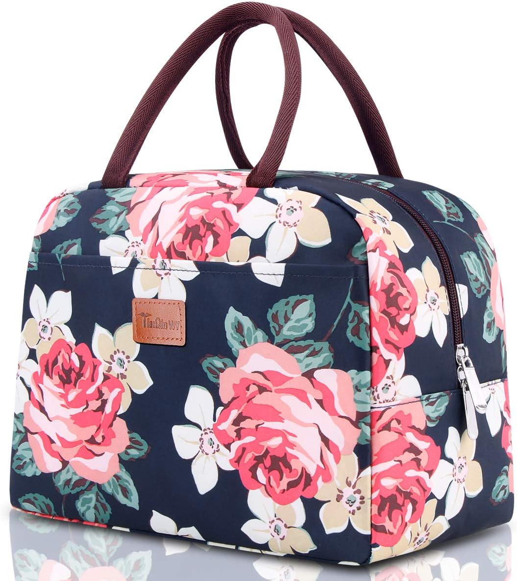 Lunch Bags for Women, TianQin WY Insulated Lunch Tote Bag Lunch Box Cooler Bag Lunch Organizer for Working Picnic Beach Sporting (Blue flower)