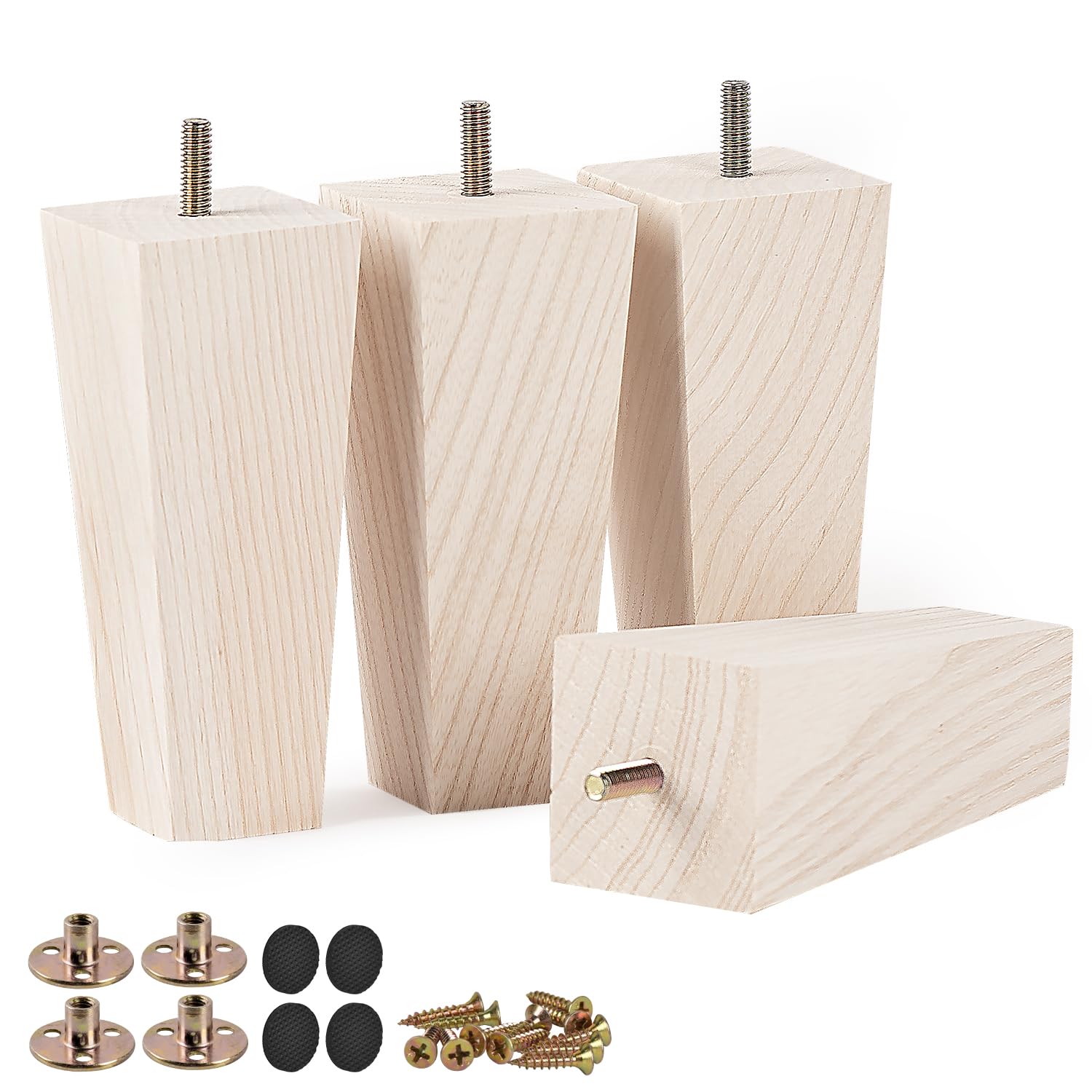 Btowin VCF 8 Inch / 20cm Ash Wood Furniture Legs, 4Pcs Modern Wooden Pyramid Replacement Feet with Threaded M8 Hanger Bolts & Mounting Plate & Screws for Sofa Couch Armchair Cabinet