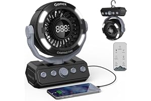 Gonex Camping Fan, Portable Tent Fan Rechargeable 20000mAh Battery Powered Variable Speed Control Desk Fan with Light & Remote for Hanging, Camping, Travel, Bedroom, Home, Fishing, Jobsite - Black