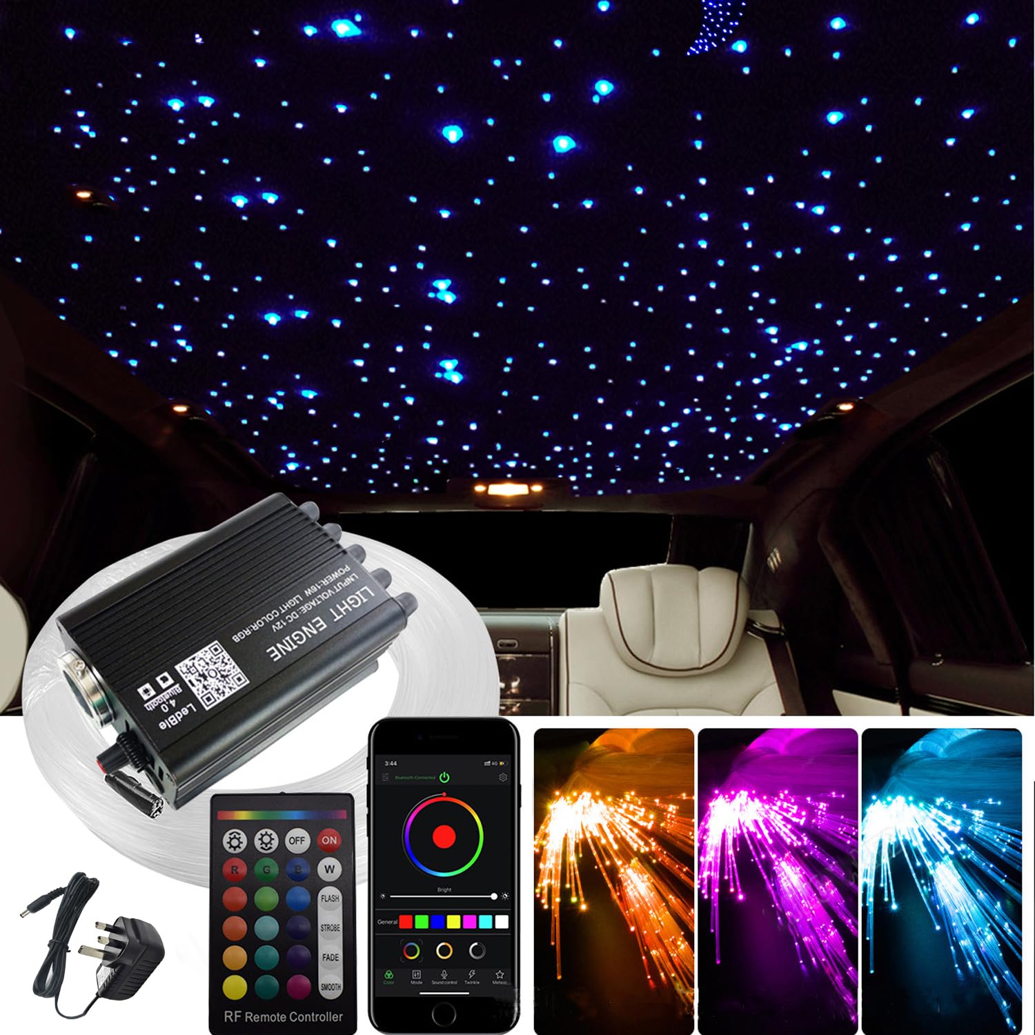 VASTFIRE 16W Starlight Headliner Ceiling Light Kit 500pcs 0.03in 6.56ft Cable Sound Activated APP/Bluetooth Remote Control Fiber Optic Light for Car Roof Home Ceiling