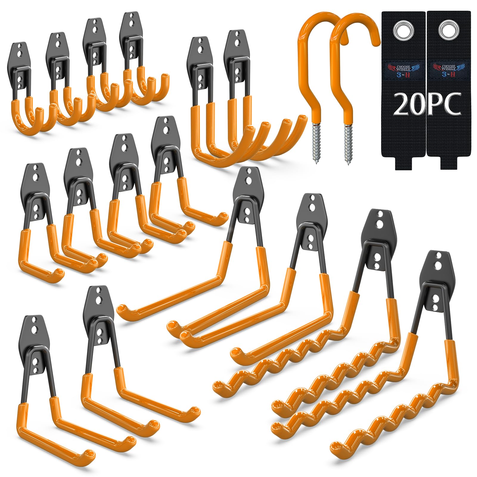 3-H Heavy Duty Garage Hooks, Utility All-Steel Storage Hooks with Anti-Slip Coating, Reinforced Welding Wall Mount Hooks for Hanging Ladders, Lawn Mower, Hose, Garden Tools,Orange, 20 PC