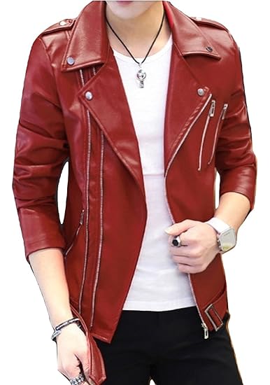 Amazon R Y A R メンズ レザージャケット ライダースジャケット 赤