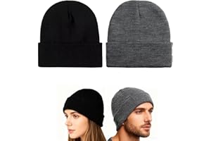 TIZHJOZI Winter Beanie for Men Women, 2 Pack Fleece Lined Cuffed Beanie Hat, Warm Knit Hat for Cold Weather, Plain Skull Cap