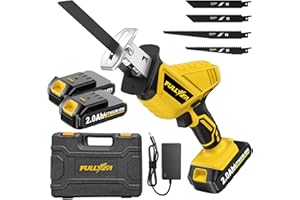 FULLYEA Reciprocating Saw Cordless, Variable Speed 0-3500SPM Power Reciprocating Saw, Tool-Free Blade Change, Battery Reciprocating Saws with 4 Saw Blades for Woods/Metal/Plastic Cutting, Yellow