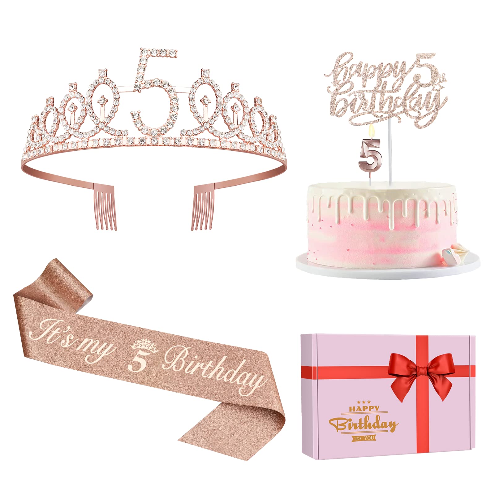 Photo 1 of 5th Birthday Decorations for Girls, Including Sash, Crown/Tiara, Candles, Cake Topper, 5th Birthday Gifts for Girls