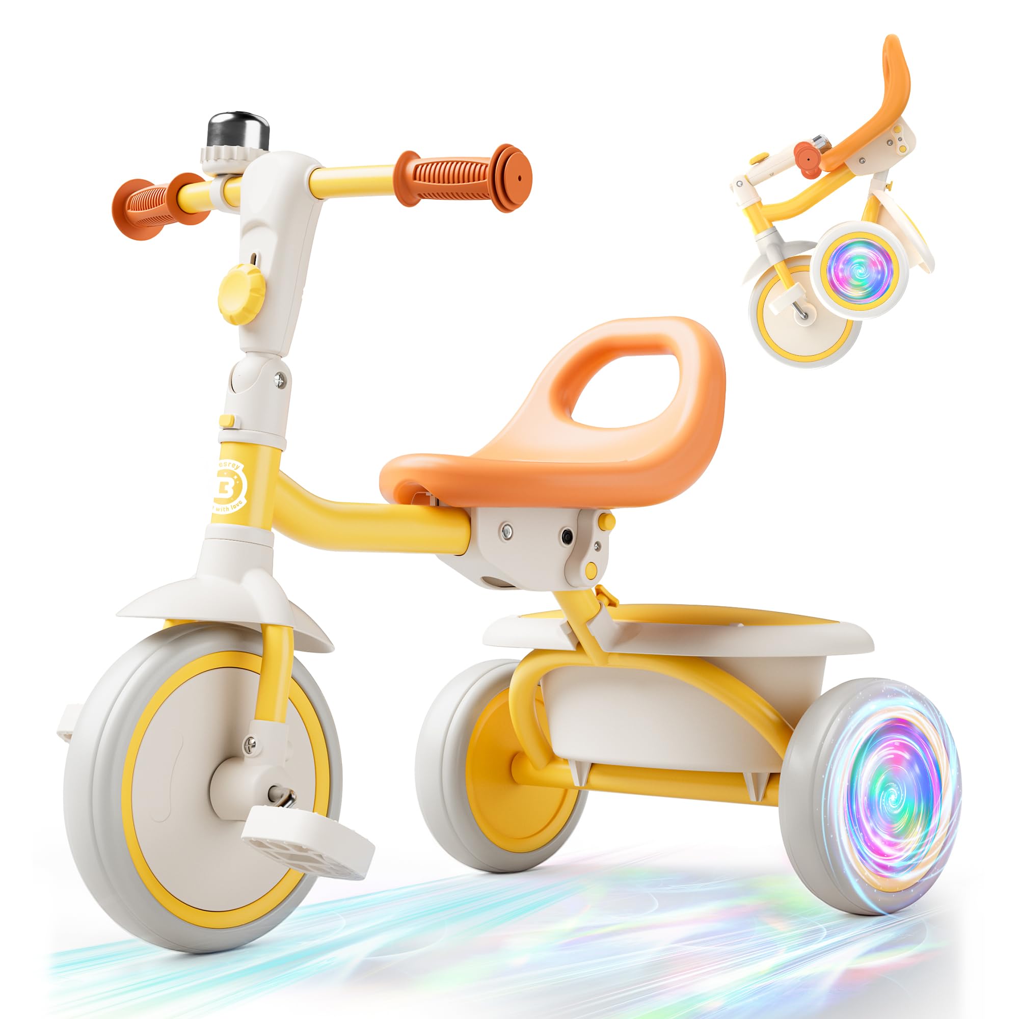 besrey Kids Tricycle with Flash Wheels for Ages 18 Months to 5 Years, Toddler Bike with Bell, Kids Tricycle, Trike for Toddlers, Yellow Flash