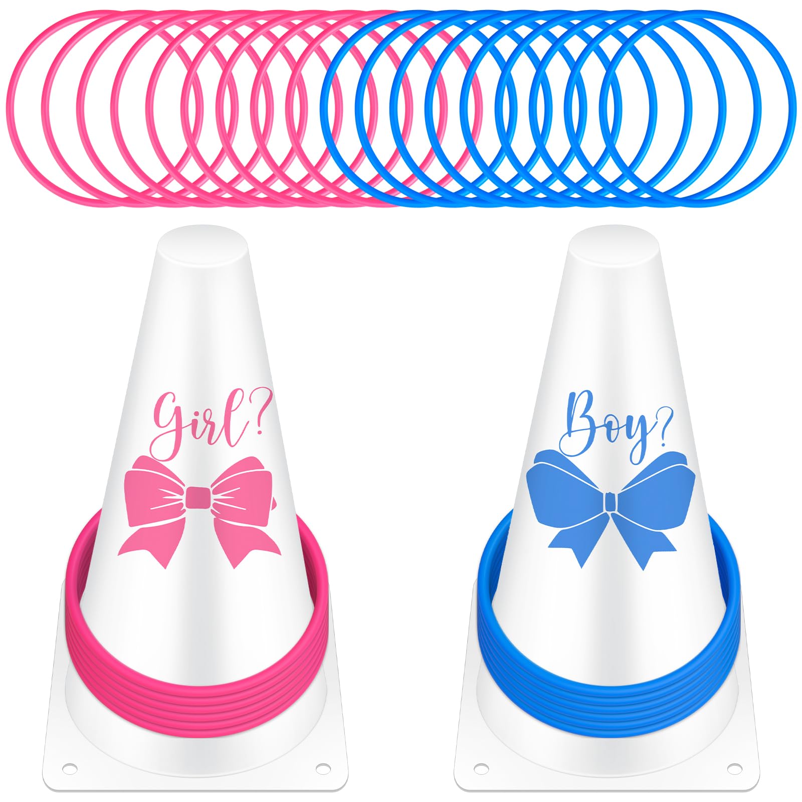 Photo 1 of 42 Pcs Gender Reveal Party Baby Boy or Girl Ring Toss Game Include 2 Plastic Cones 36 Pink Blue Toss Rings and 4 Gender Stickers for Guests Baby Shower Party Supplies