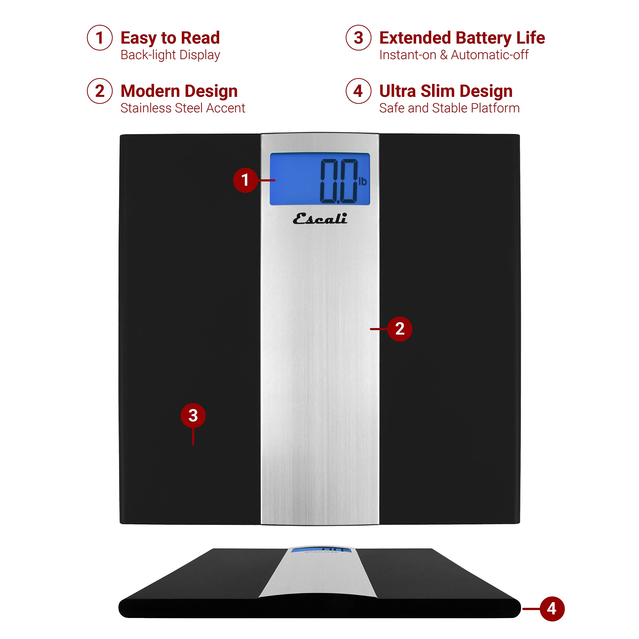 Escali Ultra Slim Digital Bathroom Scale for Body Weight, Bath Scale, High Capacity of 400 lb, Batteries Included