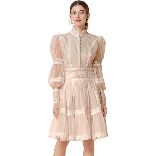 LAI MENG FIVE CATS Women's Vintage Lace Puff Sleeve Mini Dress - Mock Neck, Ruffled Hem, Loose Fit