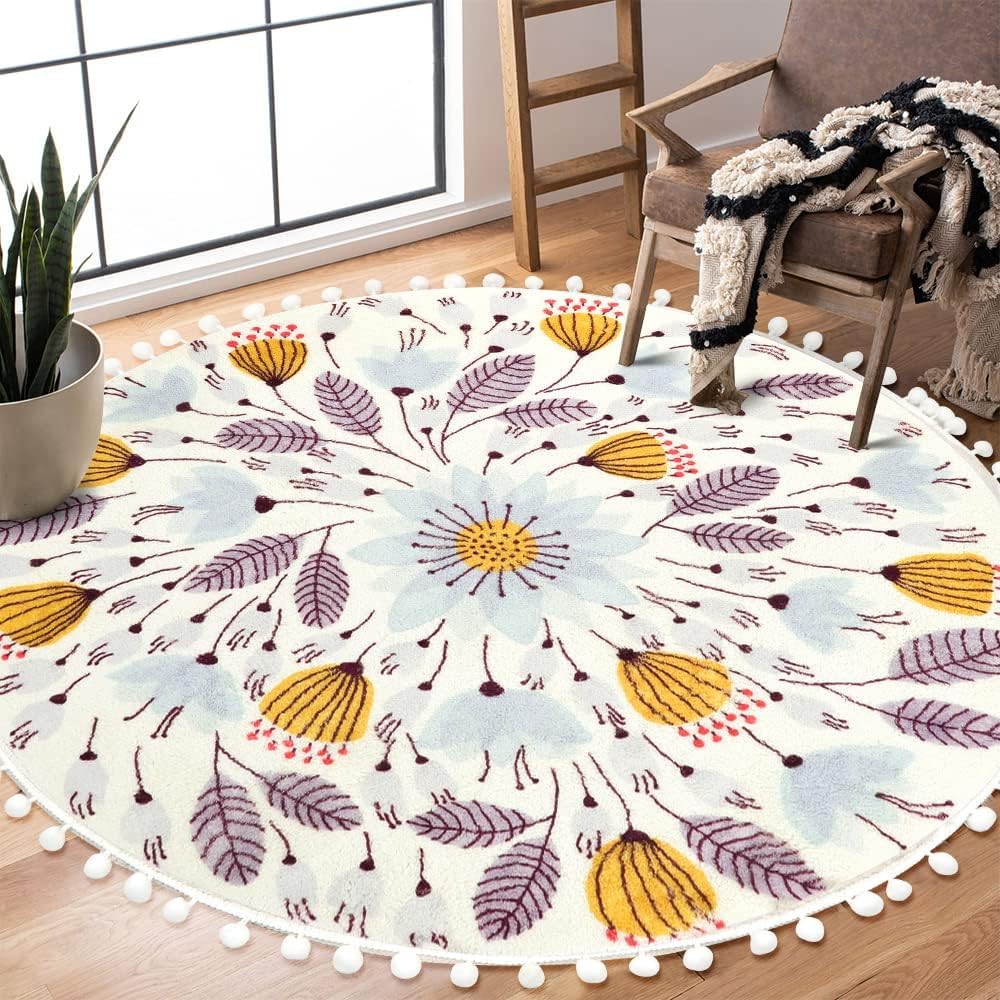 Uphome Round Rug for Bedroom 4' Circle Cute Area Rug with Pom Poms ...