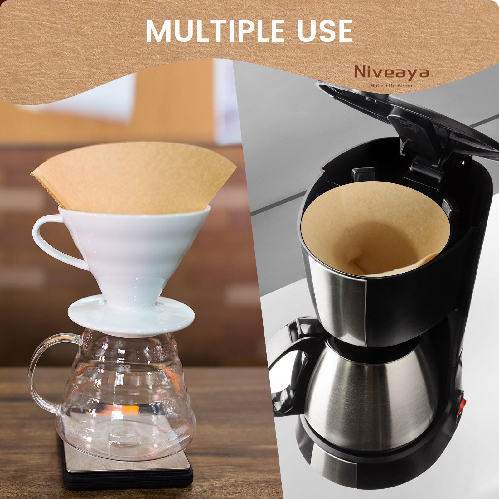 Niveaya 200 Count Coffee Filters #4, Unbleached Natural Brown Coffee Filters 8-12Cup, Disposable Cone Paper Fliters for Pour Over and Drip Coffee Maker