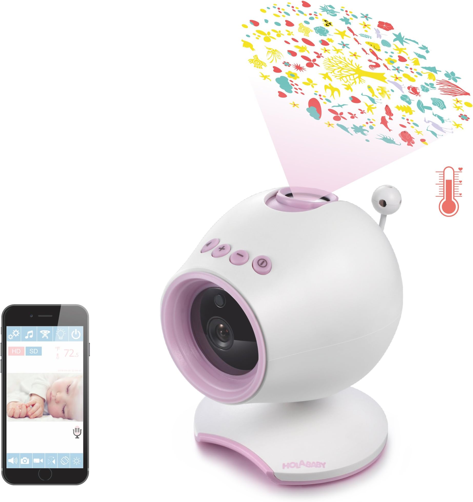 WiFi Baby Monitor, HOLABABY P1 HD Baby Video Camera with Two Way Audio,Remote View Baby Sleep with Soothing Projection, Lullabies, Temperature and Night Vision (Pink)