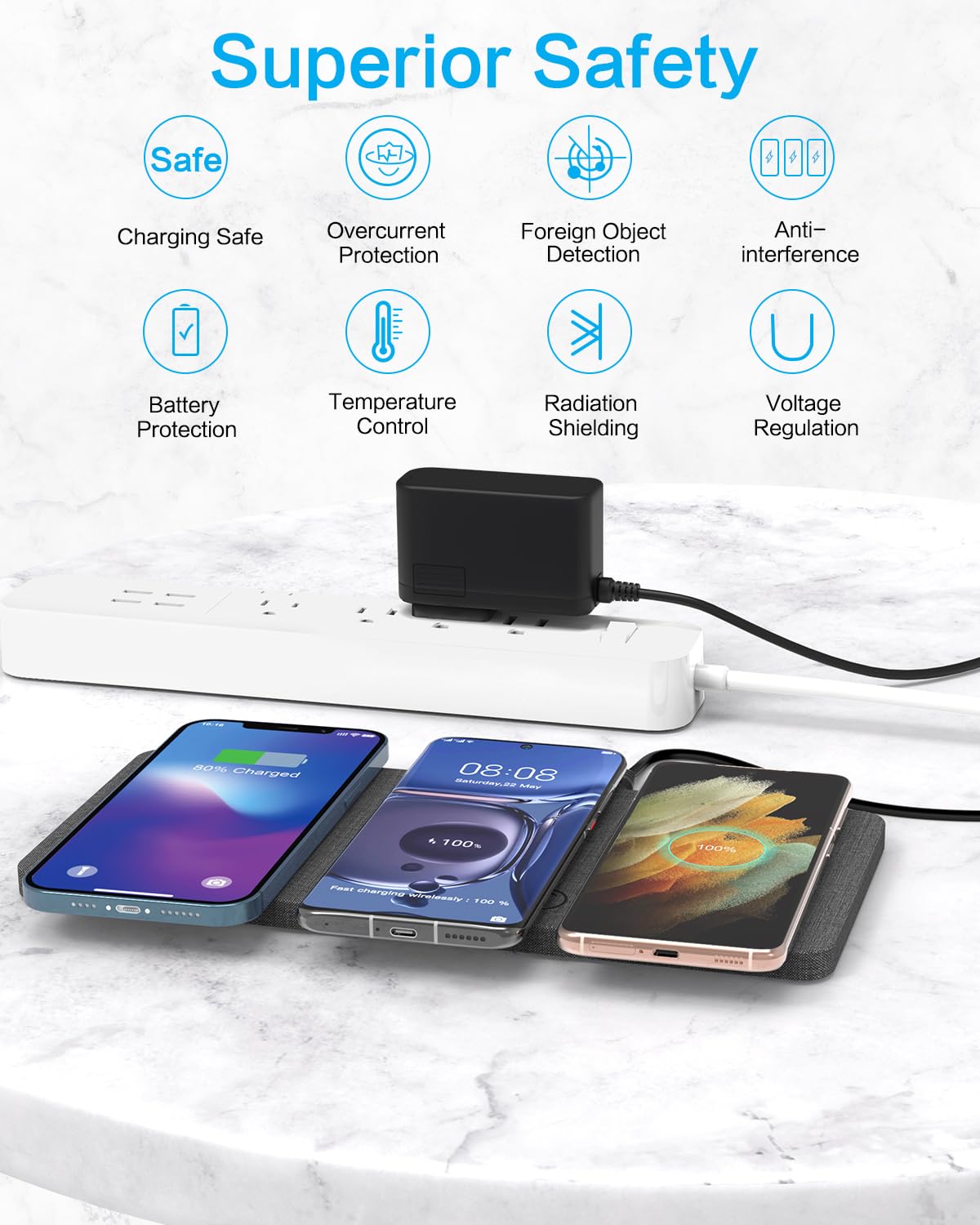 ZealSound Triple Wireless Charger,Charging Pad,Ultra Slim Fast 3x10W Charger Station for Multiple 3 Devices New Airpods Samsung Earbuds Mat Dock W/AC Adapter for All Wireless Charging Phones