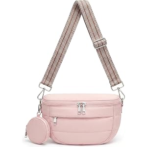 Fiiuos Crossbody Bum Bag for Women, Lightweight Puffy Purse Travel Pink | Crossbody Bum Bag with Detachable Coin Pouch, 4 RFI