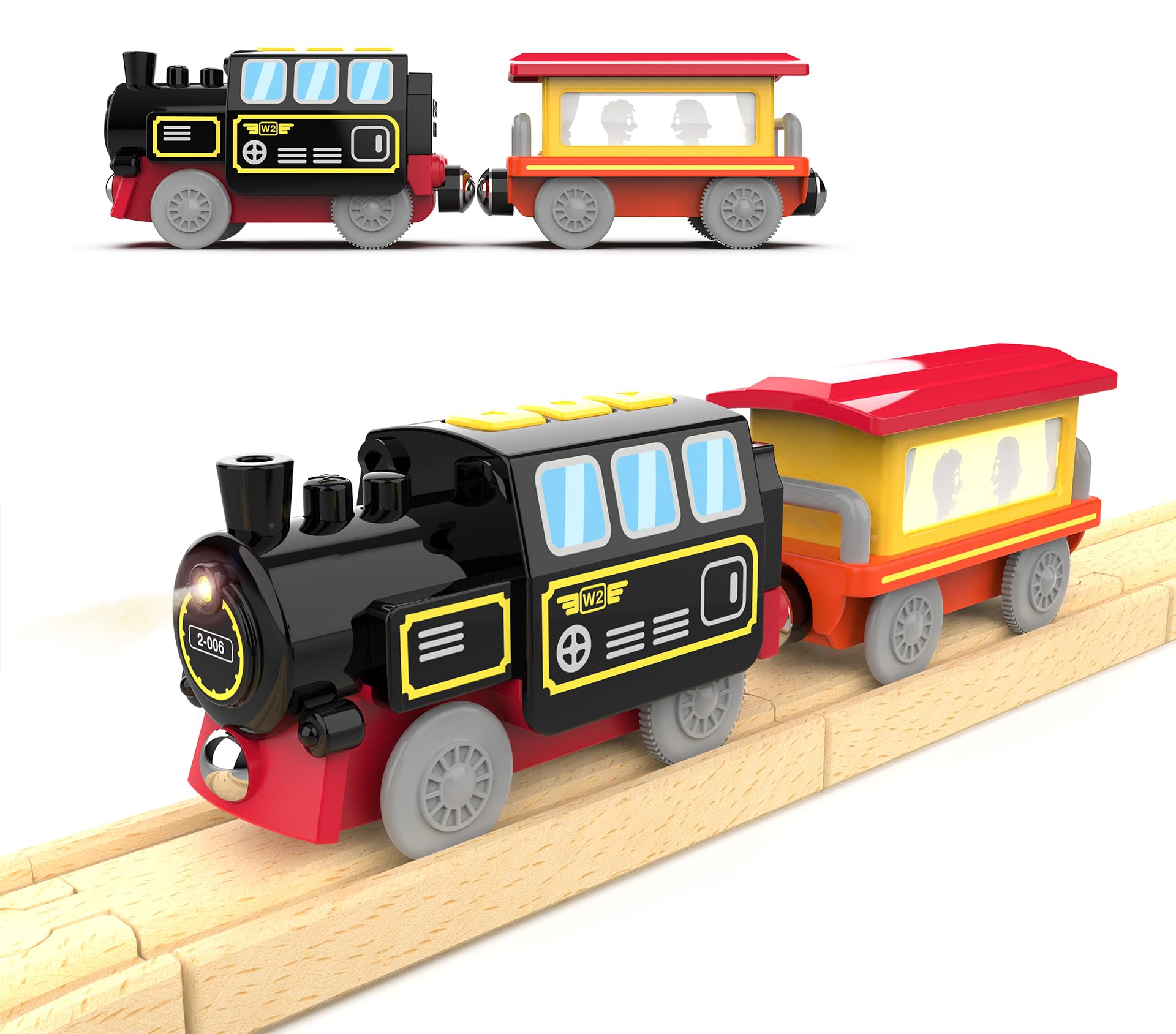 Battery Operated Locomotive Train Toy for Wooden Tracks, Motorized Trains for Toddlers, Train Accessories Compatible with Thomas, Brio, Chuggington, Melissa and Doug