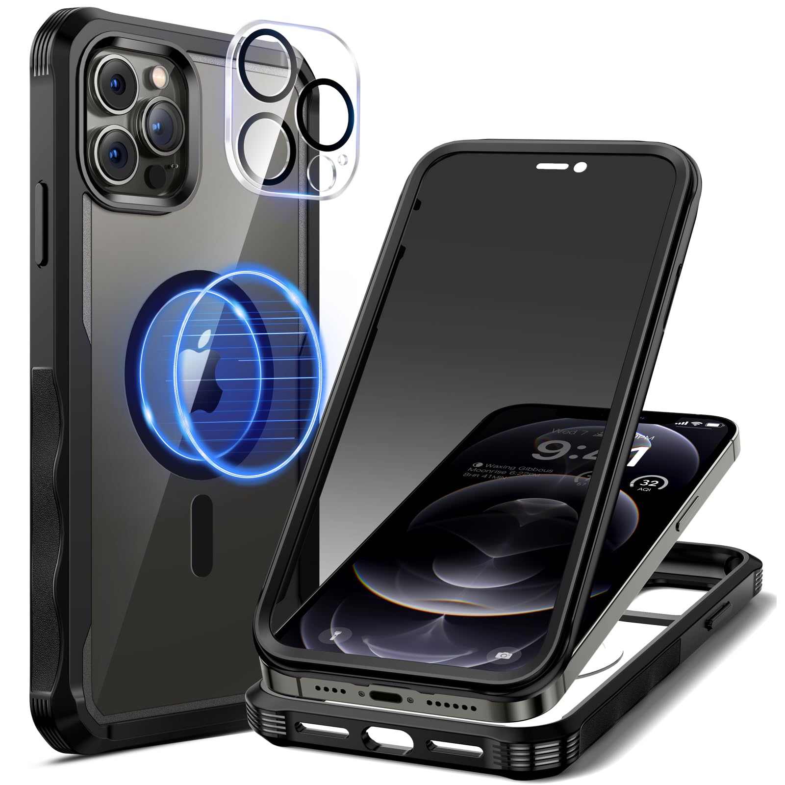seacosmo Magnetic for iPhone 12 Pro Case 6.1 Inch, Privacy Phone Case Compatible with Magsafe Built-in 9H Tempered Glass Privacy Screen Protector and Camera Protective Full Body Shockproof Case, Black — image 1