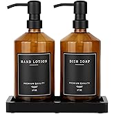Amber Glass Soap Dispenser, Bathroom Hand Soap Dispensers with Stainless Pump, 17 Oz Kitchen Hand and Dish Soap Dispenser Set, Modern Liquid Soap Lotion Dispenser (Amber Bottle/Black Pump)