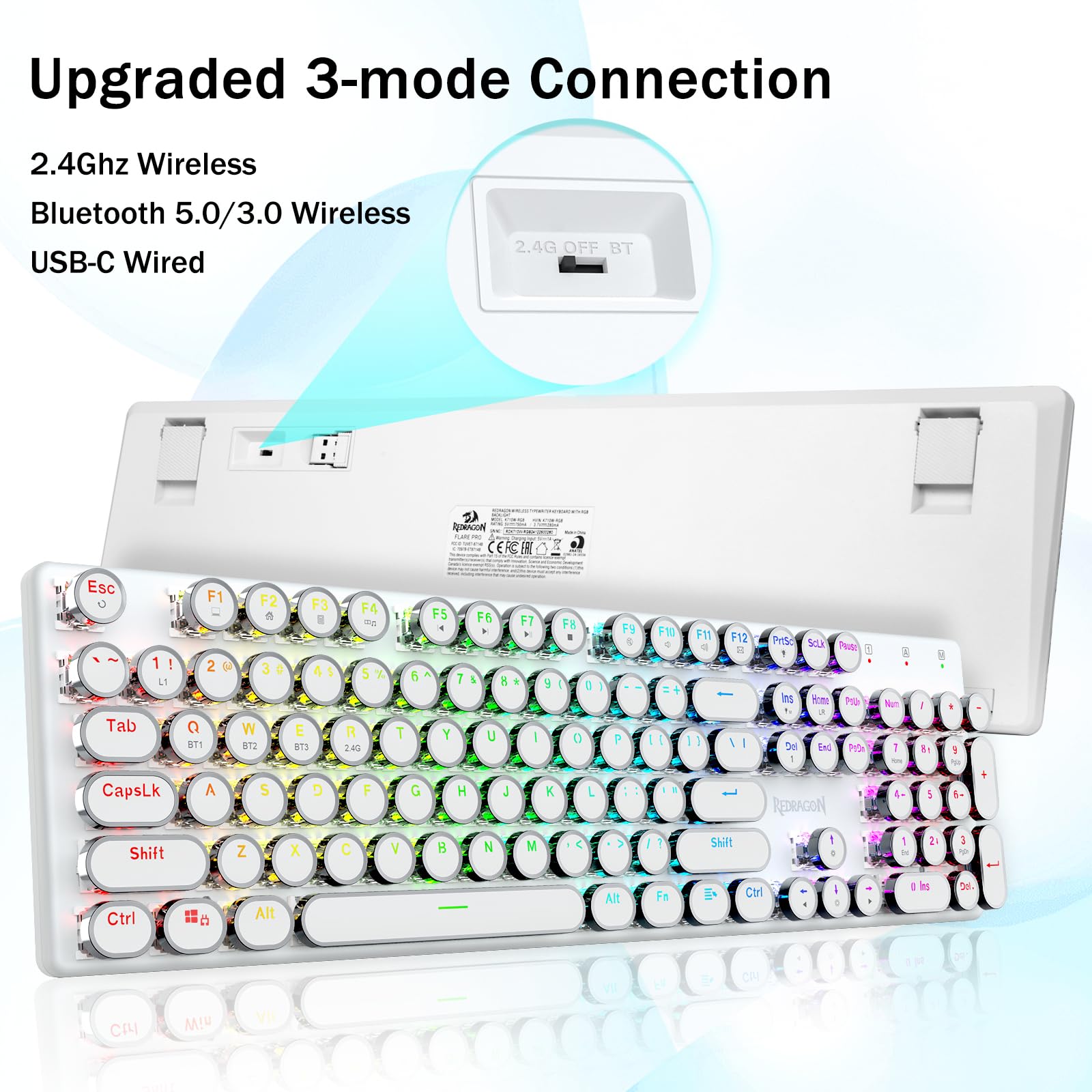 Redragon K710 Wireless Typewriter Mechanical Gaming Keyboard, Bluetooth/2.4Ghz/Wired, RGB Backlit, Blue Switch - Clicky, Rechargeable, Metal Panel, Round Keycaps, White
