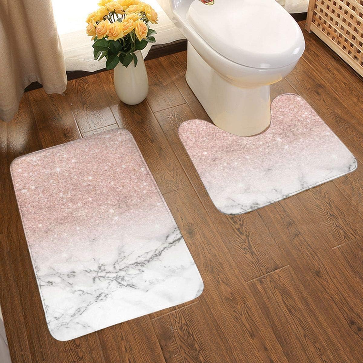 2 Piece Bathroom Rug Set Modern Rose Gold Pink Glitter White Marble Bath Mat Set Soft Non Slip Bath Mat 19 5 X 31 5 Inch And U Shaped Toilet Floor Rug Water Absorbent Door