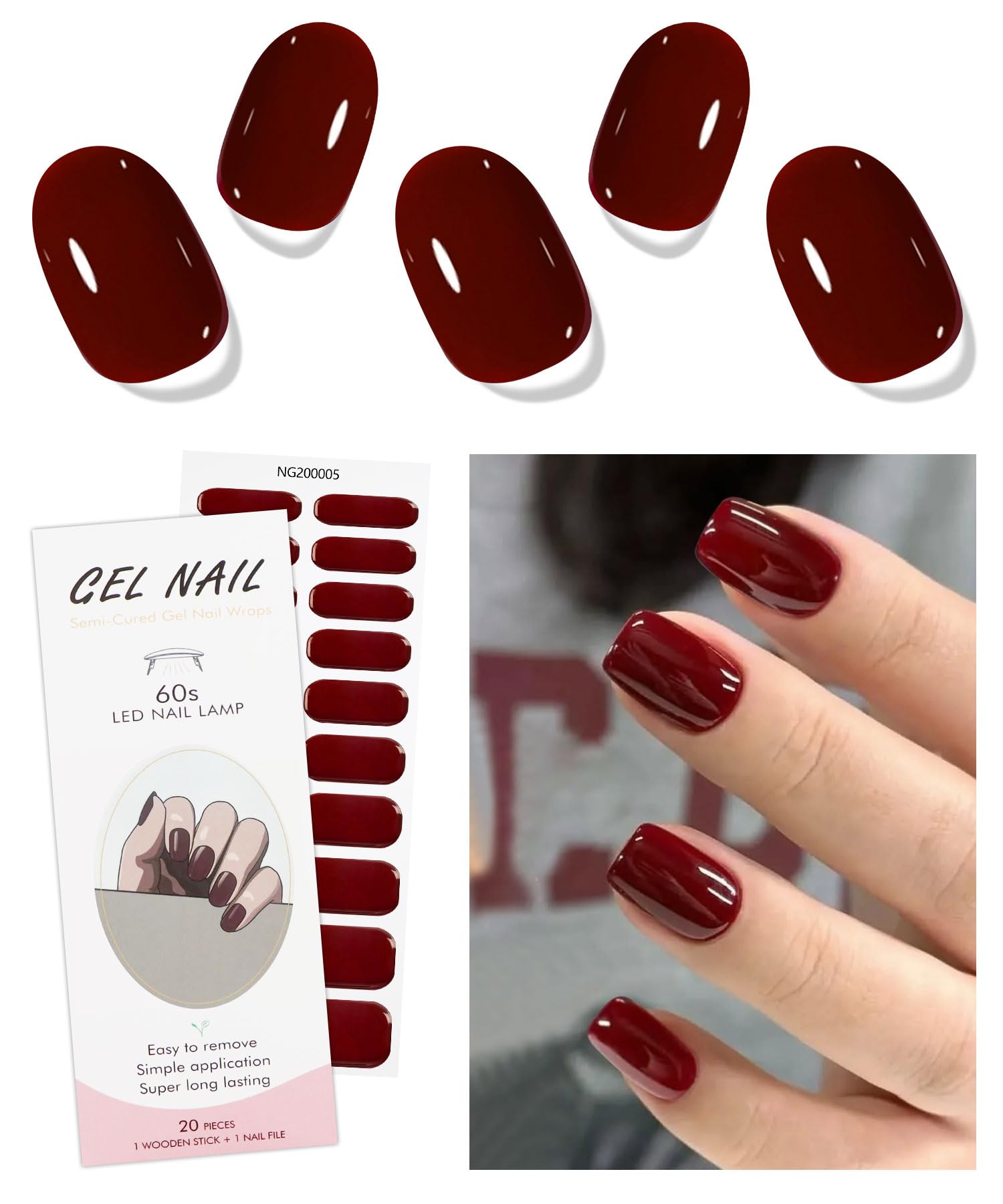 JMEOWIO Semi Cured Gel Nail Strips Wine Red Solid Color Gel Nail Stickers Nails Art Design Decoration Accessories