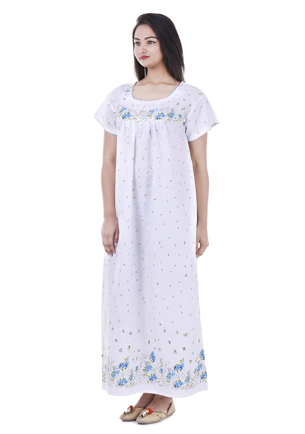 indian handicraft women's cotton nighty (gwn-23, white, free size)
