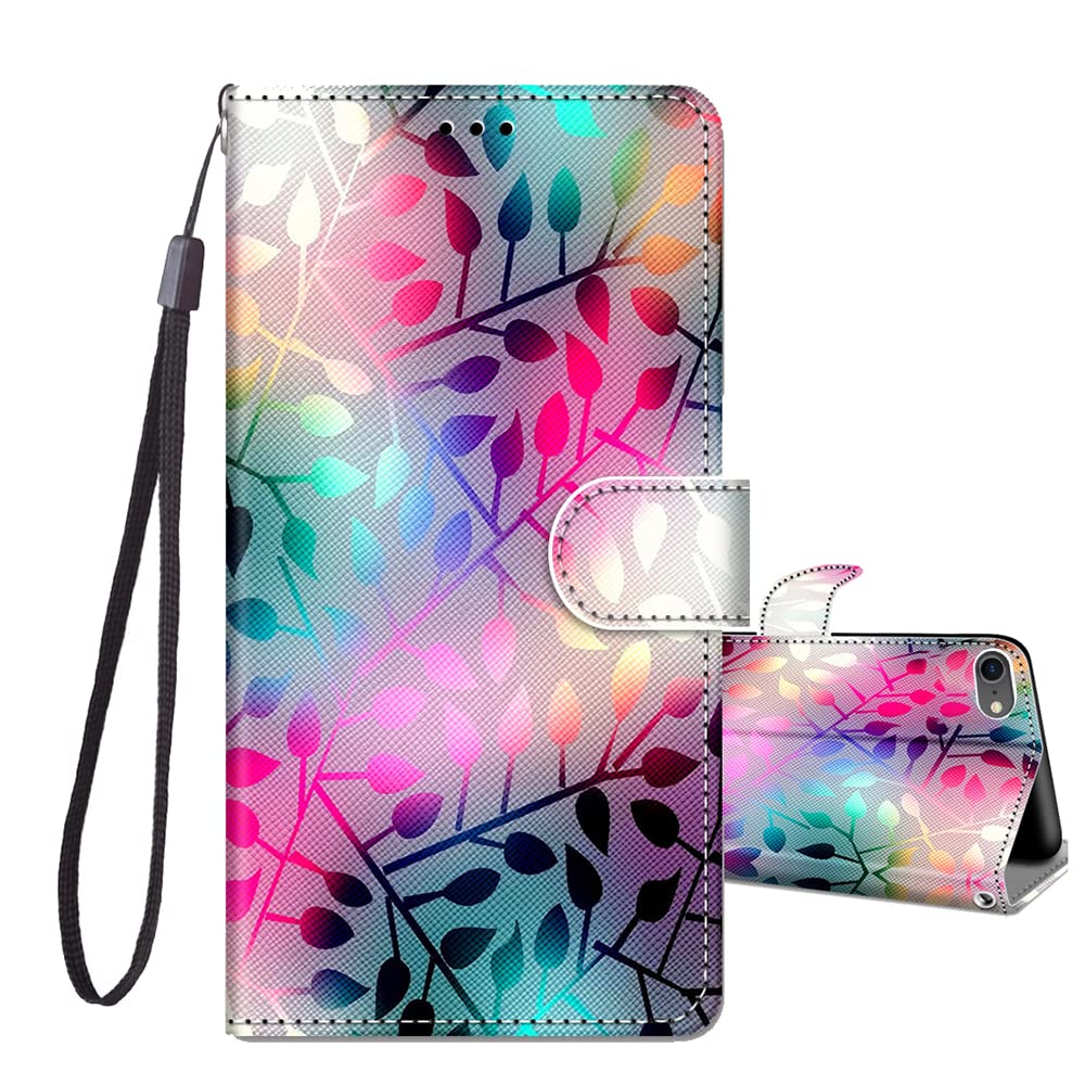 JRIANY for iPhone SE 2022 / iPhone SE 2020 / iPhone 7 / iPhone 8 Case, PU Leather Wallet Case with Pattern Cute Design Shockproof Cover Flip Case, Leaves H