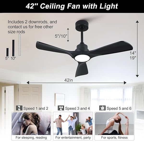 XBIBI 42 INCH BLACK CEILING FAN WITH LIGHT AND REMOTE, 6 SPEEDS QUIET DC MOTOR MODERN CEILING FAN WITH LIGHT, INDOOR OUTDOOR CEILING FANS FOR PATIO BEDROOM LIVING ROOM