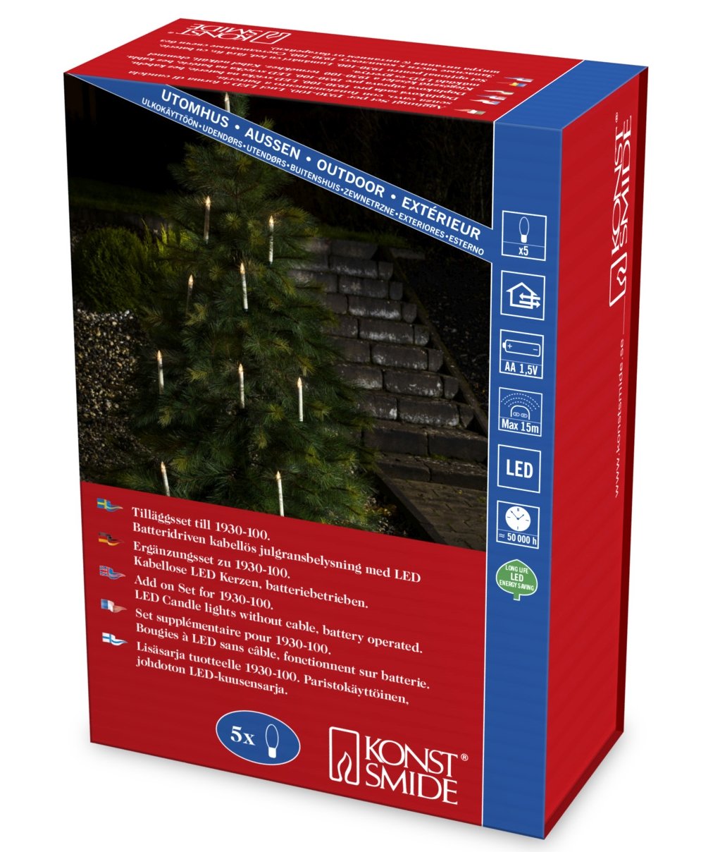 Konstsmide 1935-100 LED Tree Lighting, 5 Wireless White Candles, Additional Set for 1930-100, 5 Warm White Diodes, Battery Operated, Outdoor (IP44), 10 x AA 1.5 V (Included)