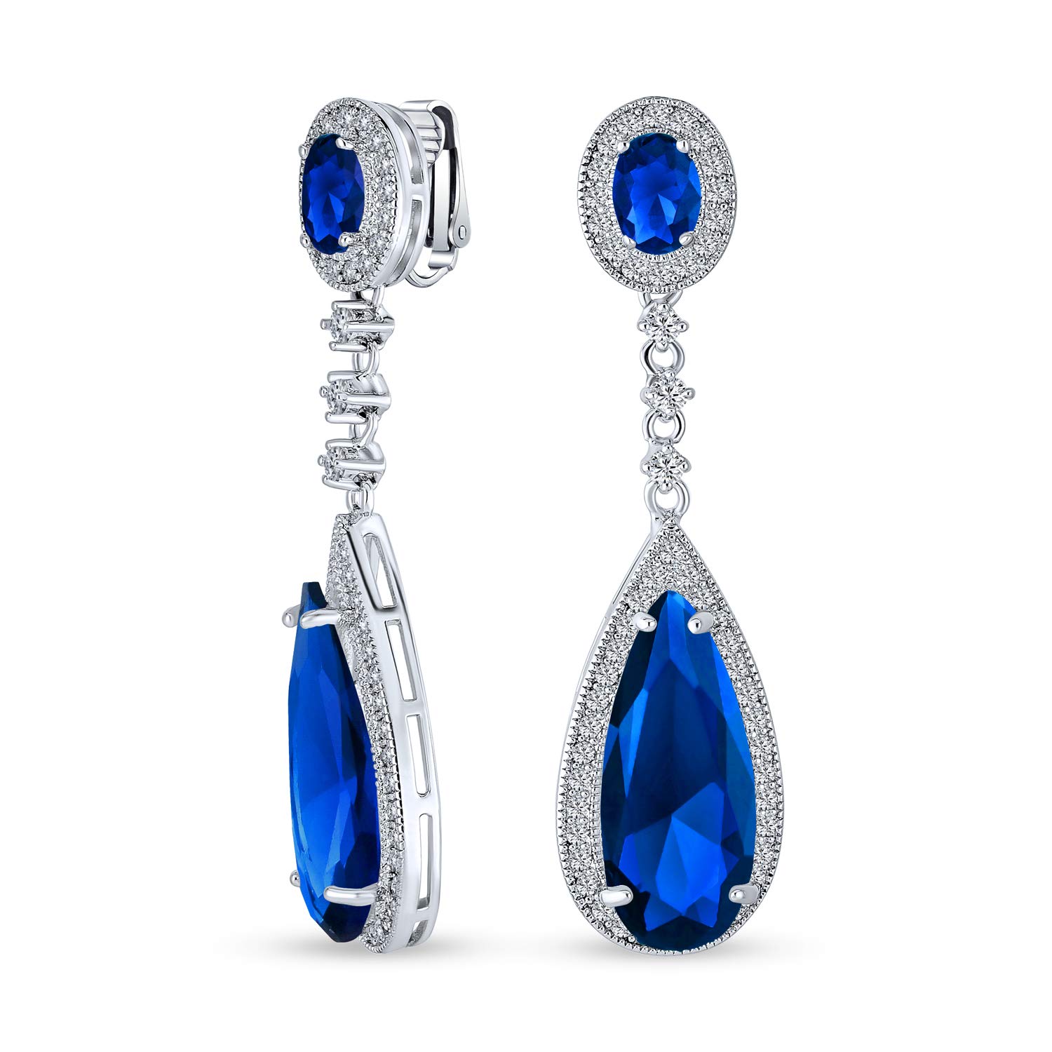Blue Long Teardrop Cubic Zirconia Dangle Statement Screw Clip On Earrings Simulated Sapphire Silver Plated Brass — image 1