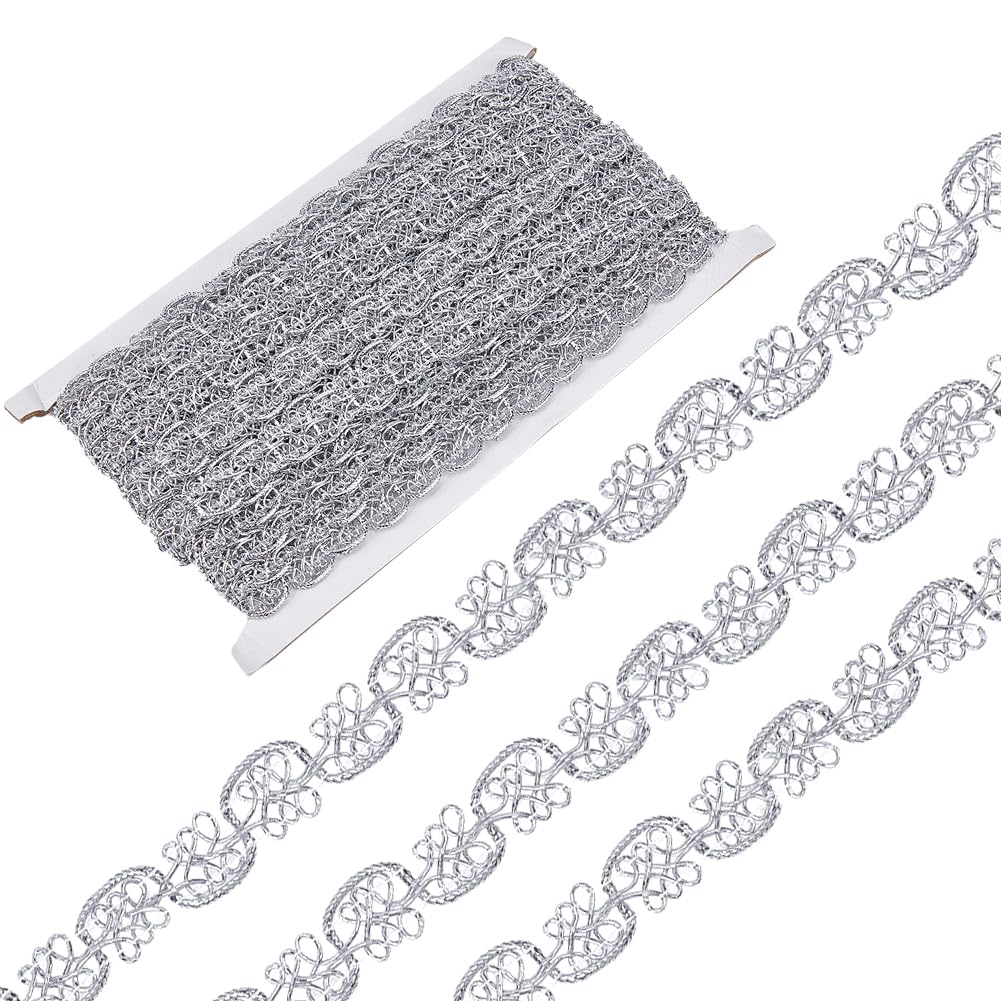 GORGECRAFT 13.5m Metallic Braided Lace Ribbon 13.5mm Yarn Silver Gimp Trim Decorated Polyester Flat Trim Strip Curve Venice Edge Craft Sewing Lace Garment Embellishments for Wedding Bridal Costume