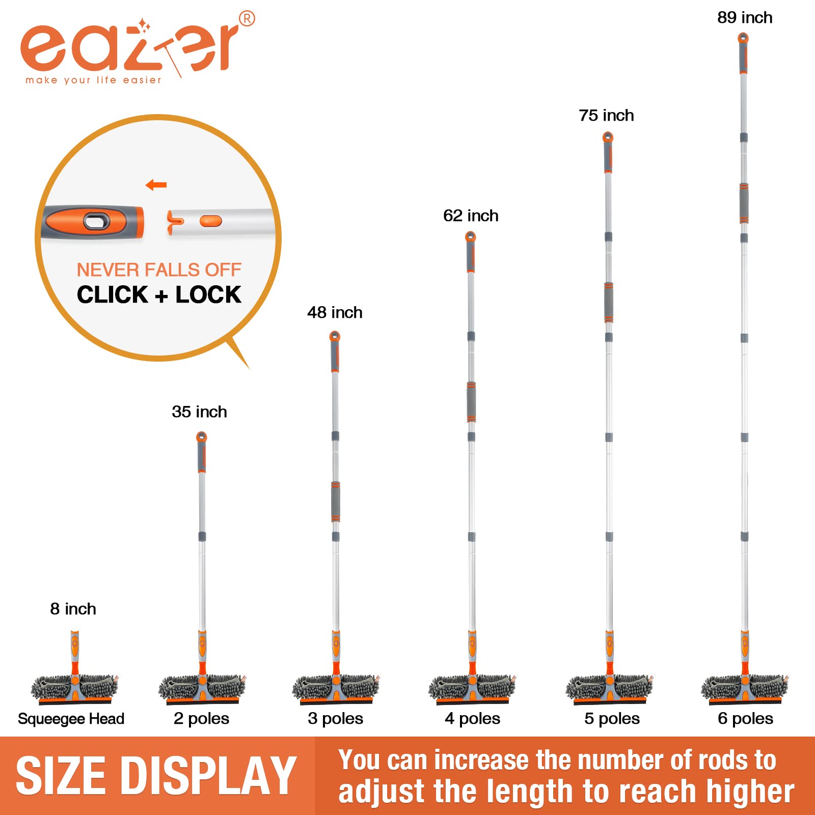 Eazer 89'' Squeegee Window Cleaner 2 in 1 Rotatable Window Cleaning Tool Kit with Extension Pole, Window Washing Equipment with Bendable Head for Indoor/Outdoor Window and Car Glass