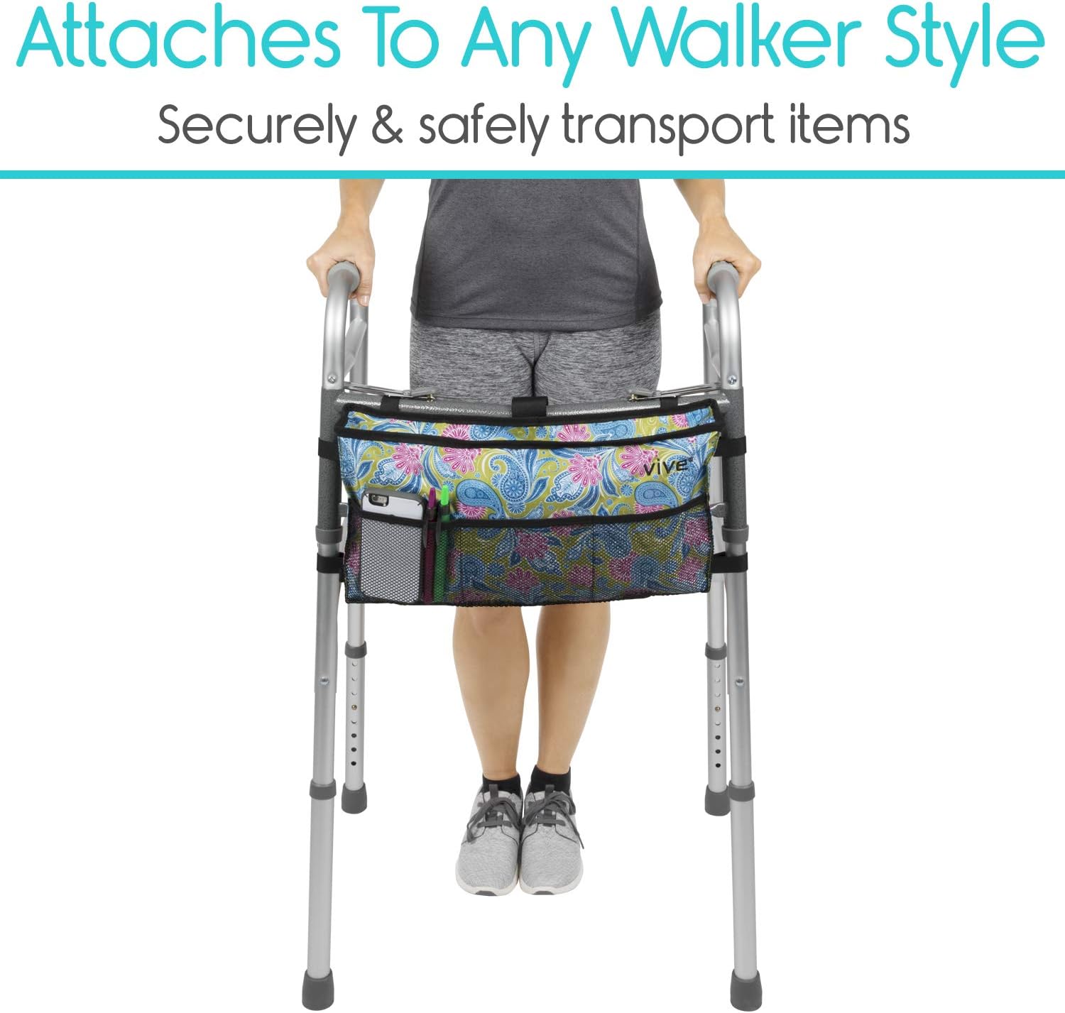 Vive Walker Bag - Water Resistant Accessory Basket Provides Hands Free Storage for Folding Walkers - Attachment Fits Wide and Narrow Styles - Tote Caddy Pouch for Elderly, Seniors, Handicap, Disabled: Health & Personal Care