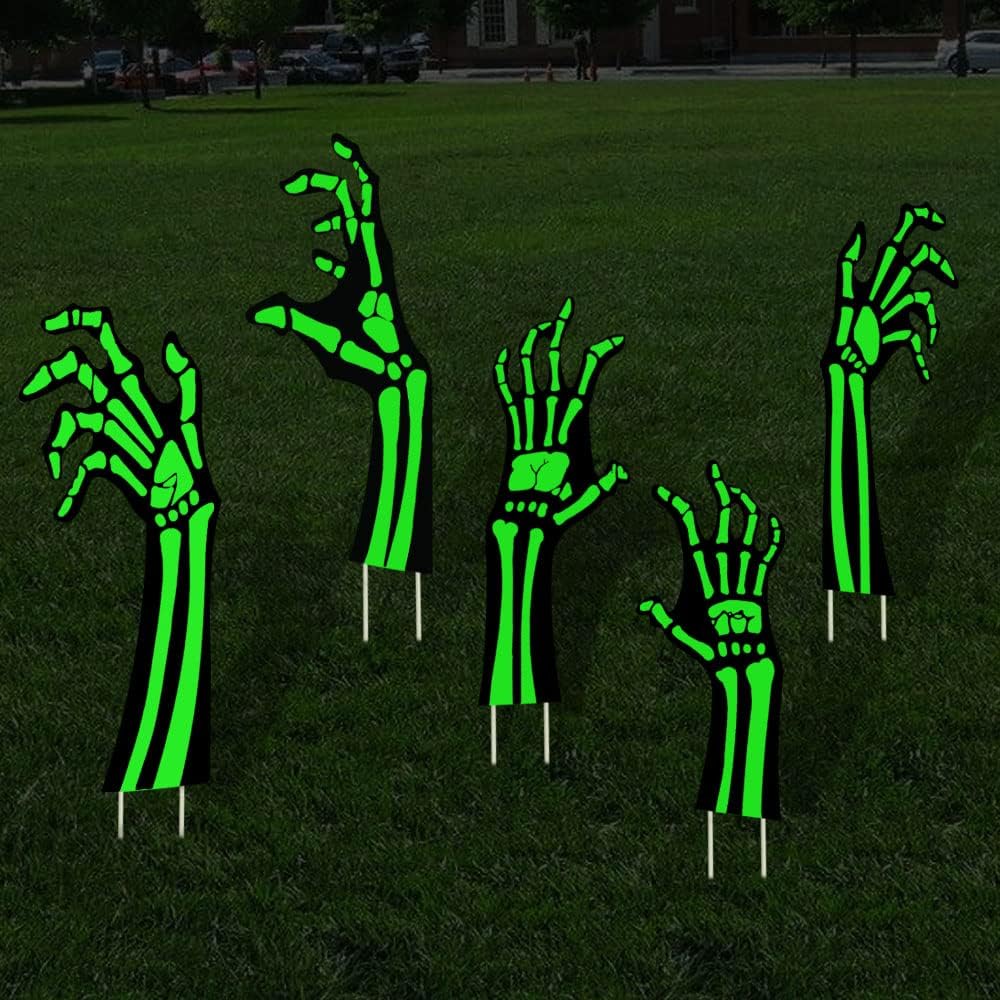 Yard Signs - 5 Pack Halloween Reflective Black Skeleton Hands Yard Signs with Stakes Glow in the Dark for Outdoor Yard Lawn Garden Halloween Decor