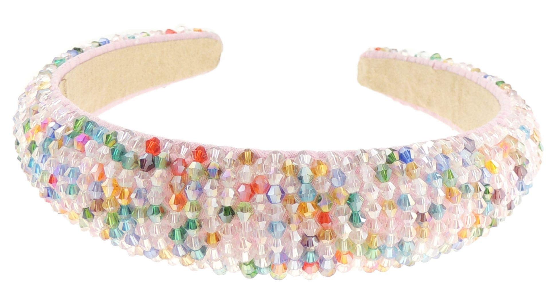 Womens Sparkly Beaded Rhinestone Embellished Jeweled Crystal Wide Bump Thick Padded Evening Formal Occasion Christmas Birthday Wedding Bridal Party Headband Hair Alice Band Hairband (Pink Multi)