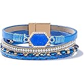 FANCY SHINY Crystal Beaded Leather Wrap Bracelet Stackable Boho Jewelry for Women Resin Stone Bangle Cuff with Magnetic Clasp
