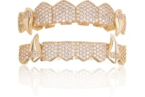 AINTTBY Grills street Hip Hop personality Gold Shiny Copper gold-plated teeth Grillz Vampire fangs Grills Daily wear Halloween and Party Unisex - Comes With Tweezer & Dental Wax