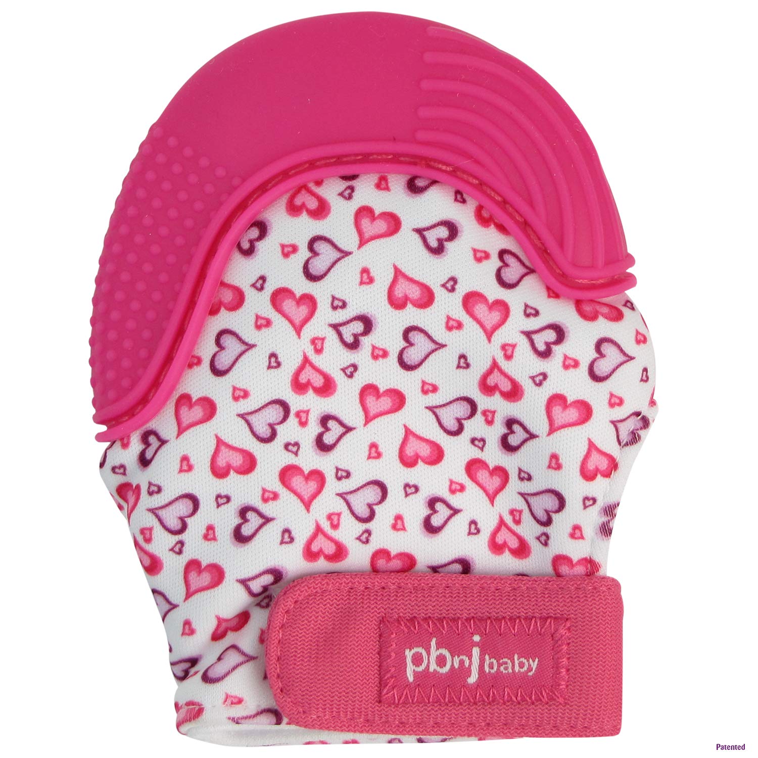 PBnJ baby Silicone Infant Teething Mitten Teether Glove Mitt Toy with Travel Bag (Heart)