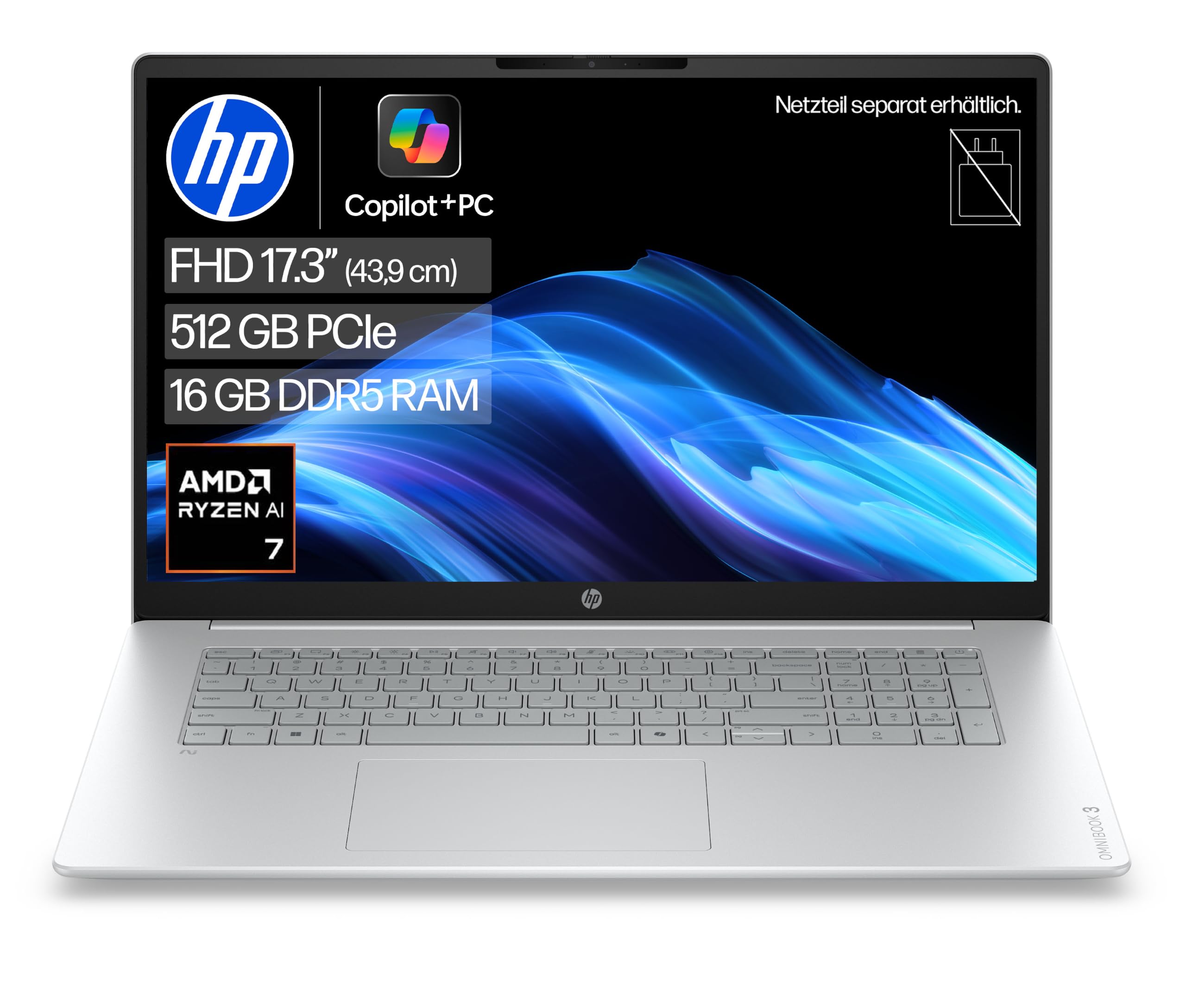 HP OmniBook 3 Laptop, 17,3" FHD, AMD Ryzen AI 7, 16GB RAM, 512GB SSD