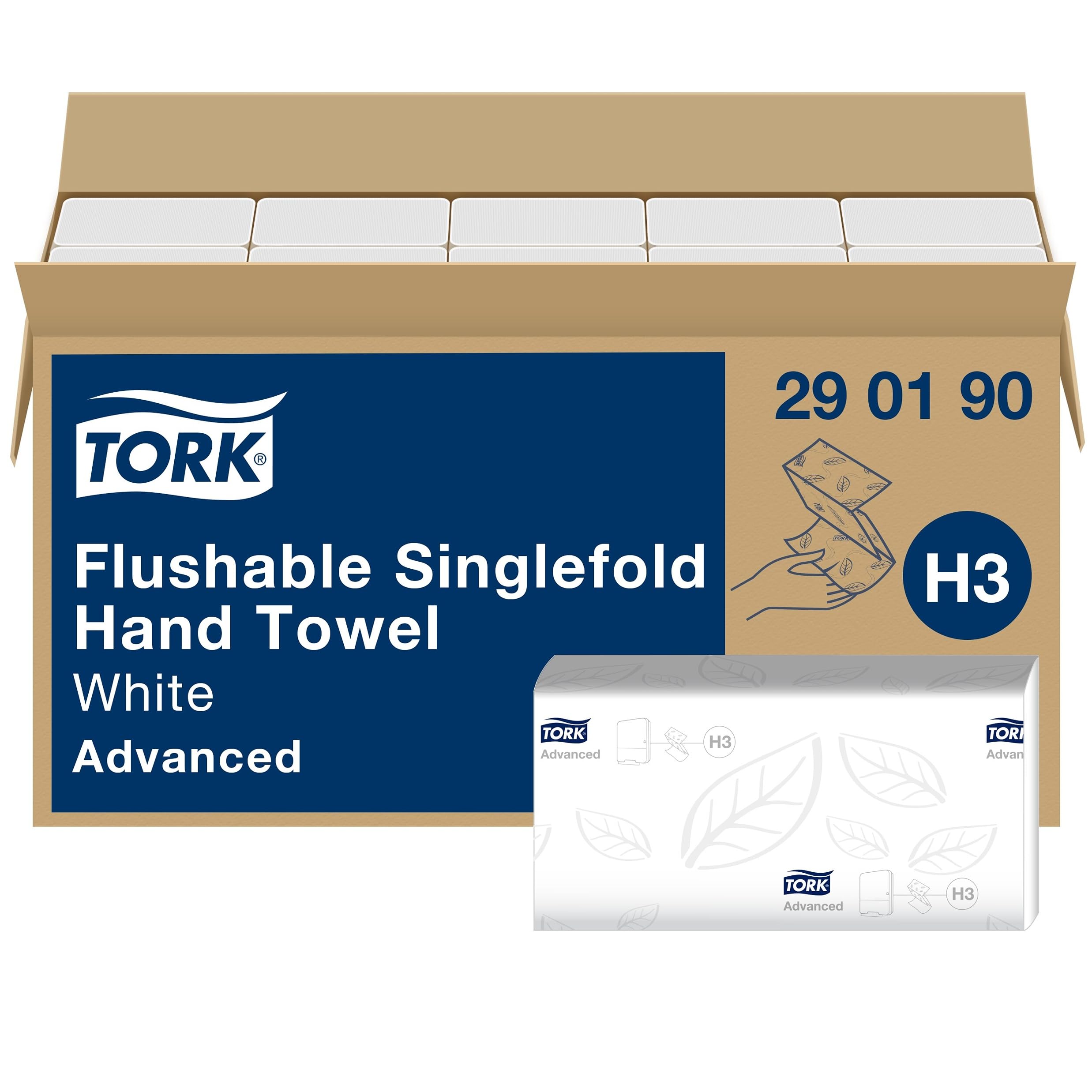 Tork Flushable Singlefold Hand Towels Advanced 290190 - H3 Advanced Folded Paper Towels for Singlefold Dispenser - Absorbent, Tear-Resistant, 2-Ply, White - 15 x 250 Sheets,11.5 x 23 centimetre