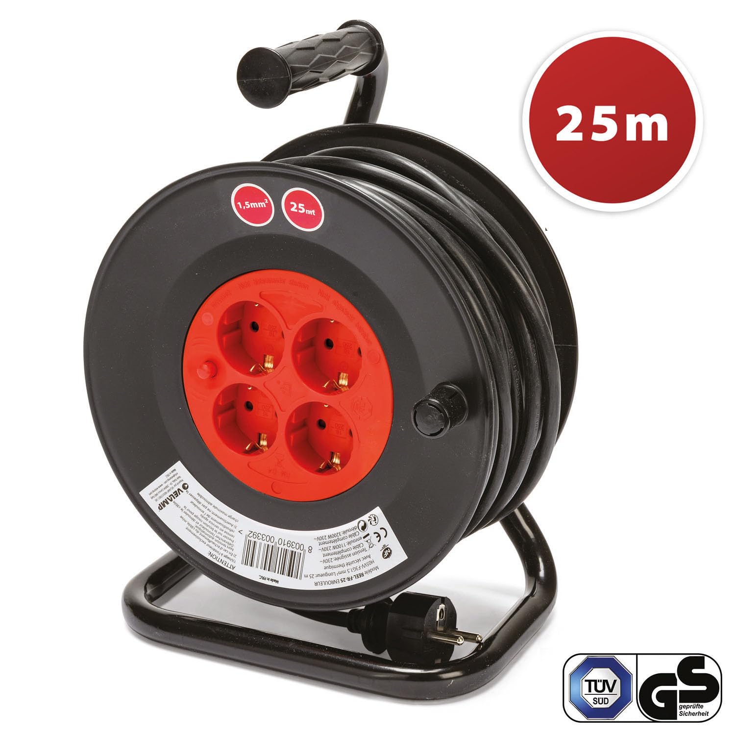 Kabeltrommel 25m, Kabelrolle mit 4 Steckdosen, Kabeltrommel für Indoor mit Kurbel, Überhitzungsschutz, 3200 W, IP20, 230V, Querschnitt 1,5 mm2, Kabeltyp: H05VV-F 3G1,5mm2 3