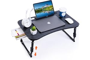 BYMECOST Laptop Desk for Bed, Height Adjustable Laptop Bed Table, Foldable Portable Lap Desk Stand with USB/Storage Drawer/Cup Holder/Slot, Breakfast Tray for Working Reading Writing Eating