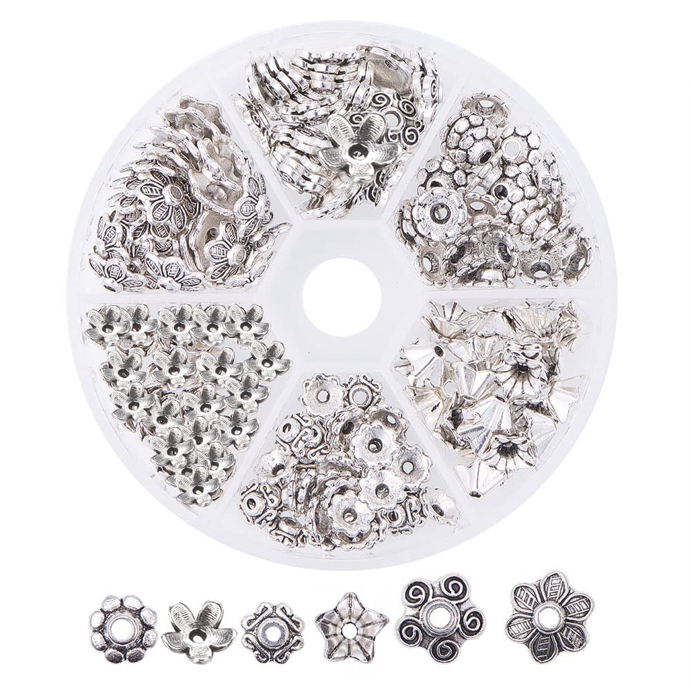 PH PandaHall 1 Box 6 Different Shape Tibetan Style Alloy Flower Bead Ends Caps for Jewellery Making, Antique Silver